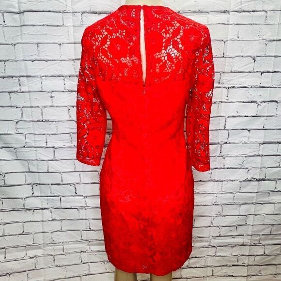 J. Crew Red/Orange 3/4 Sleeve Poppy Coral Floral Lace Sheath Dress Size 6 - Picture 6 of 11